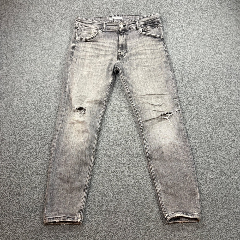 Zara Jeans Mens 34 Gray Denimwear Slim Distressed Ripped Faded Streetwear Denim